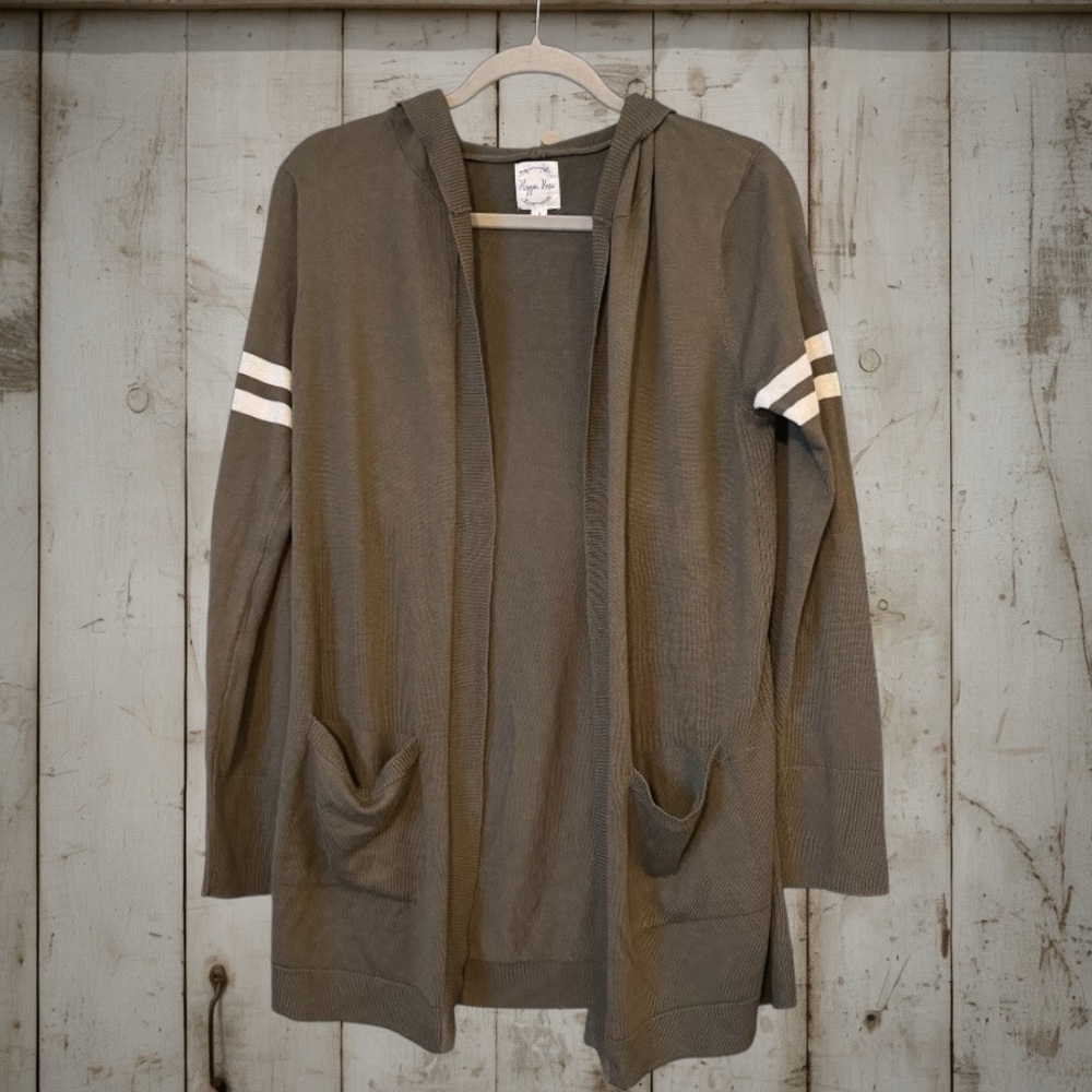 Hippie Rose Olive Hooded Open Cardigan Stripe Sleeve Large NWOT